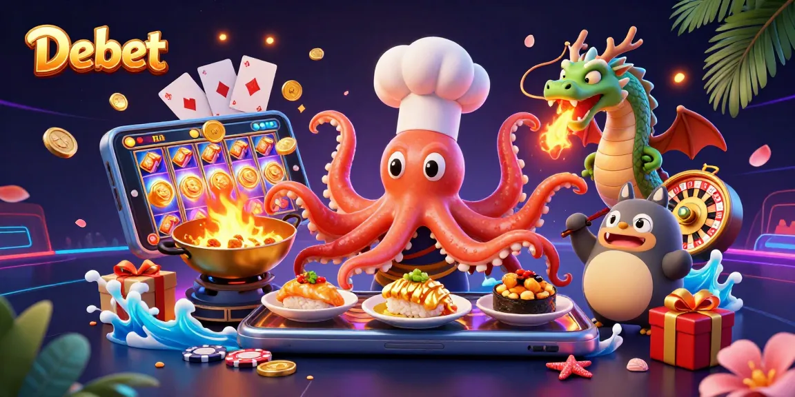 Play thrilling slot games at Debet through an enchanting casino illustration featuring whimsical characters.