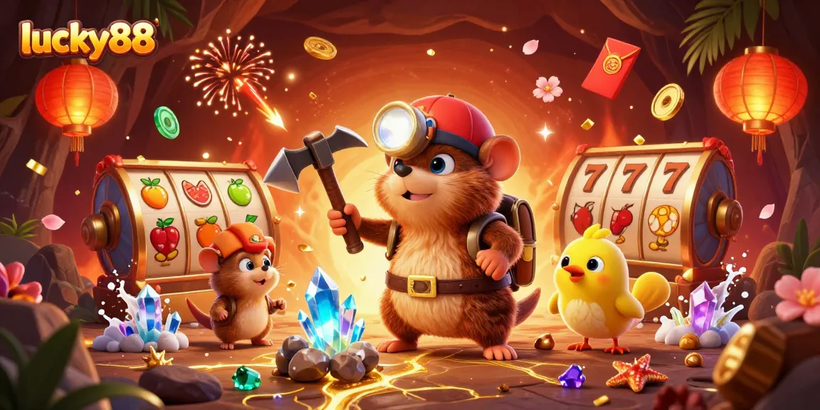 Experience the excitement of lucky88 with a treasure hunter mole, golden jackpots, and casino-themed elements.