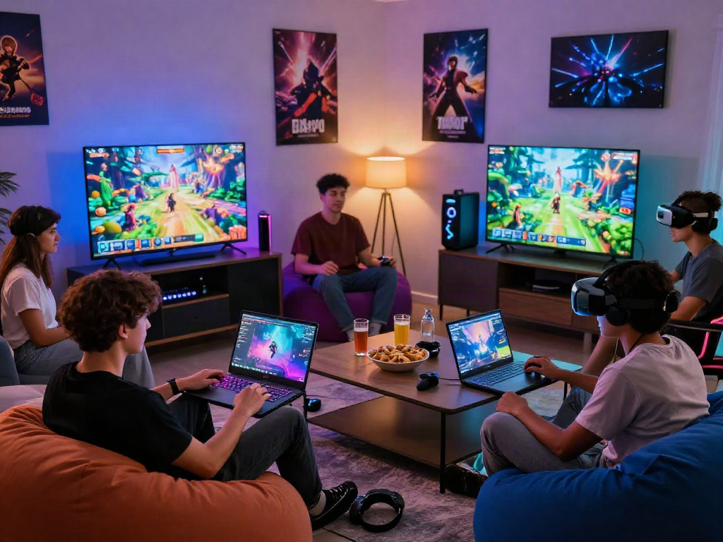 Friends enjoying an engaging gaming night with porngames in a vibrant living room, showcasing diverse gaming devices and lively atmosphere.
