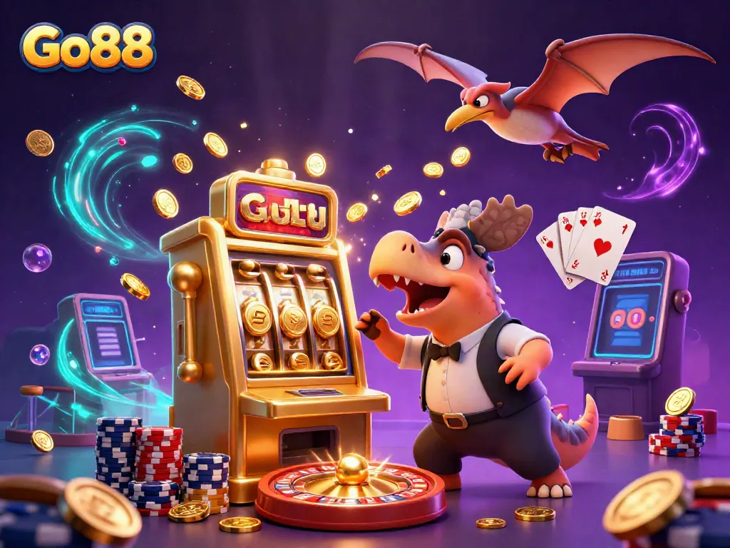 Go88 pachycephalosaurus winning coins at a slot machine within a vibrant casino scene.