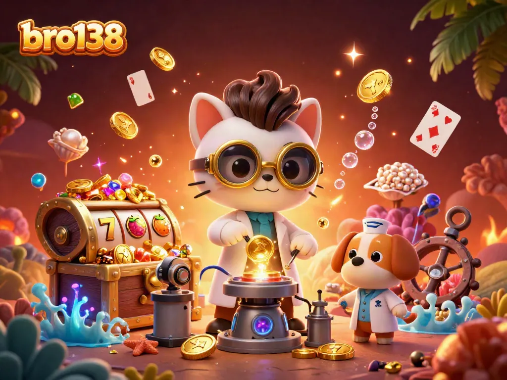 Spin and win big with bro138 as a mad scientist cat creates gold coins in a vibrant casino scene.