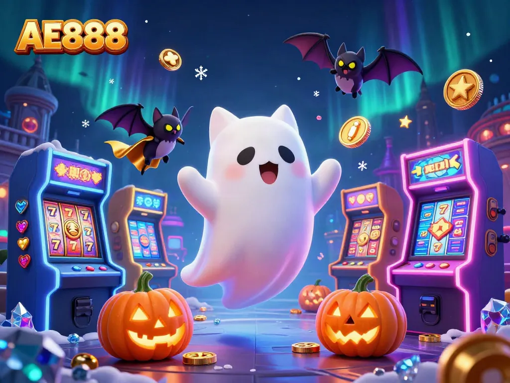 Experience the thrill of AE888 with a friendly ghost cat in a haunted casino epic scene.