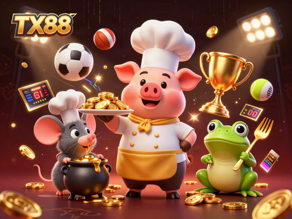 Engage in thrilling sports betting with TX88's exciting casino scene featuring a chef and characters.