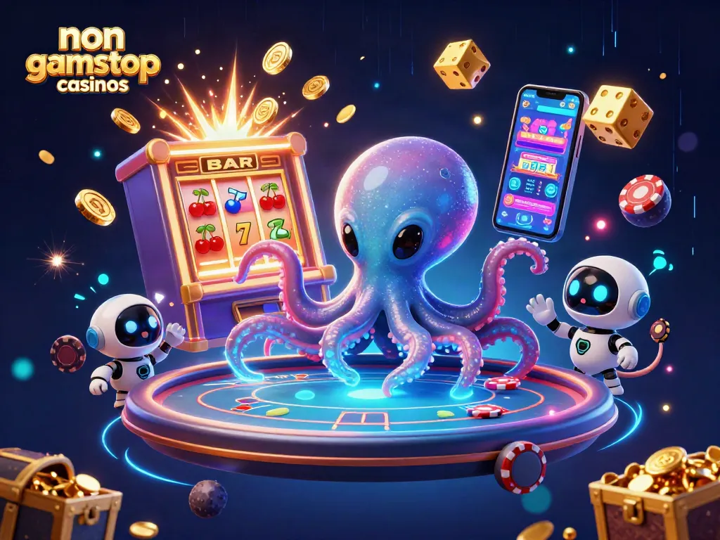 Experience vibrant gaming excitement at non gamstop casinos with an alien octopus and robot companion.
