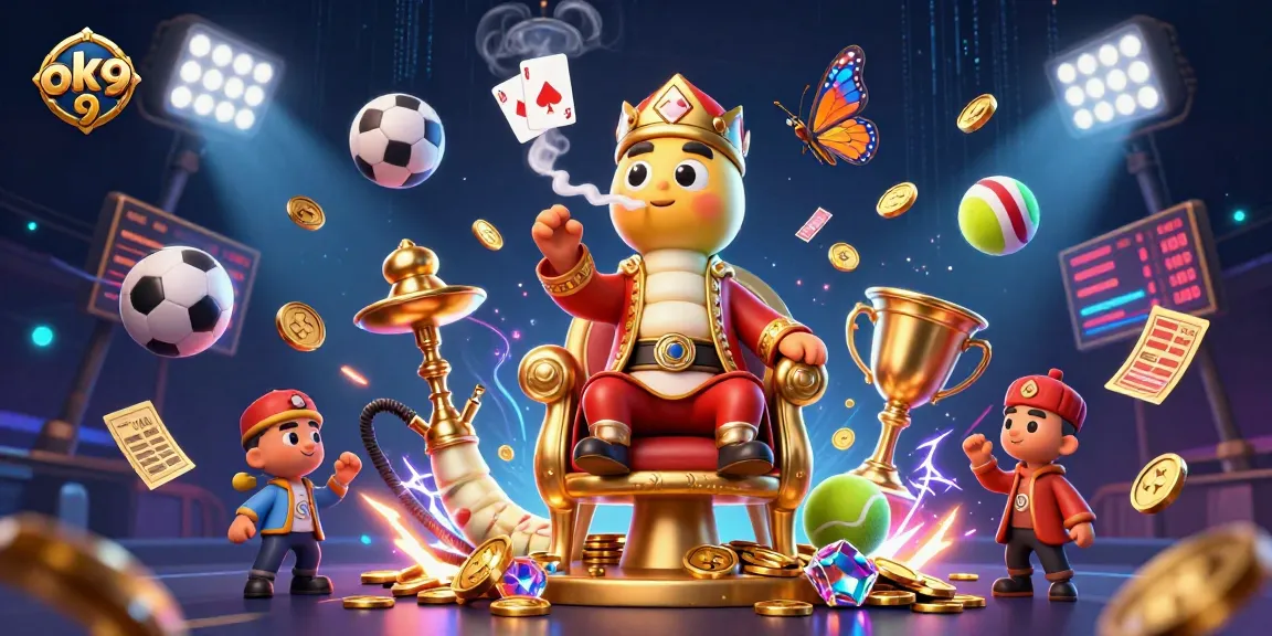 Engage with ok 9's exciting sports betting scene featuring dynamic sports balls and a captivating caterpillar character.