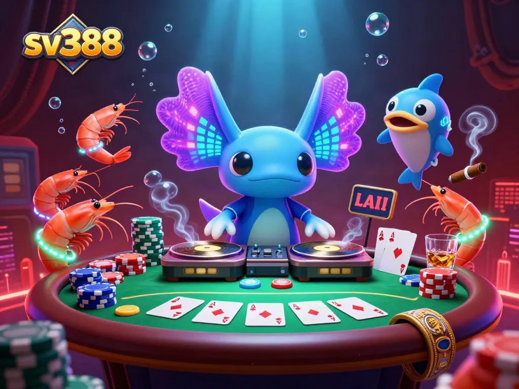 Engage with the exciting sv388 poker scene featuring a neon axolotl DJ and dynamic underwater casino action.