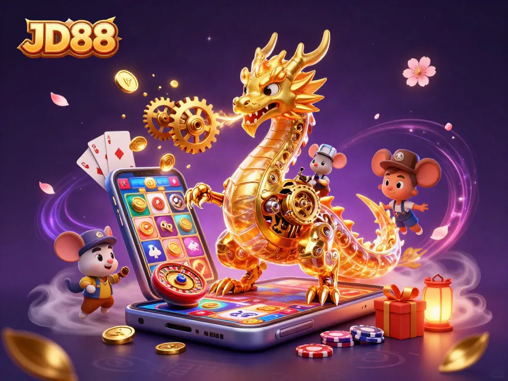Engage in thrilling jackpots with JD88, featuring vibrant slot games, golden coins, and animated casino elements.