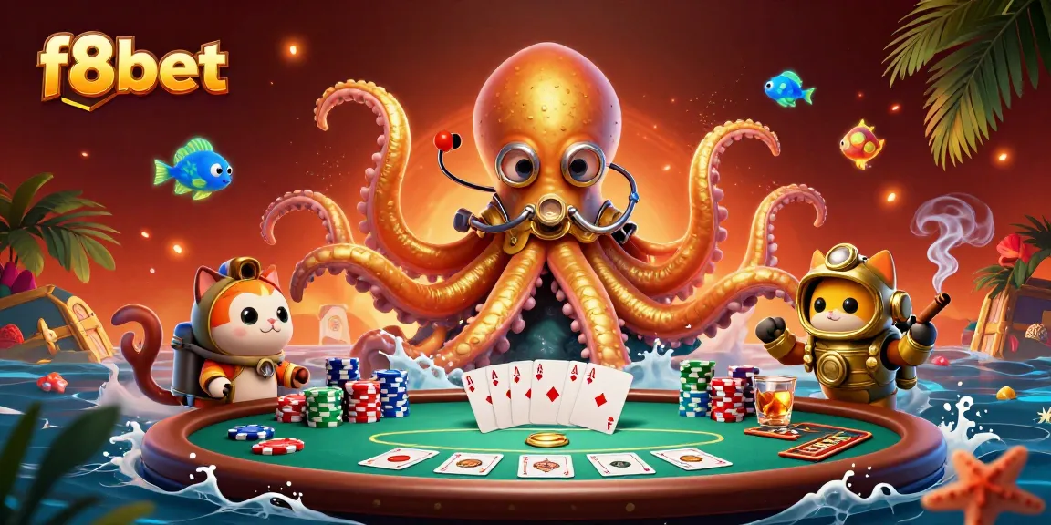 Experience exhilarating gaming at f8bet's dynamic casino scene with golden kraken and vibrant card elements.