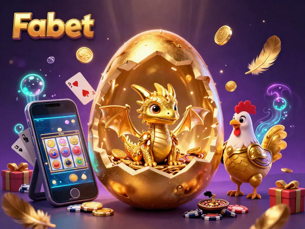 Experience Fabet's vibrant gaming world as a golden dragon emerges amidst dynamic casino elements.