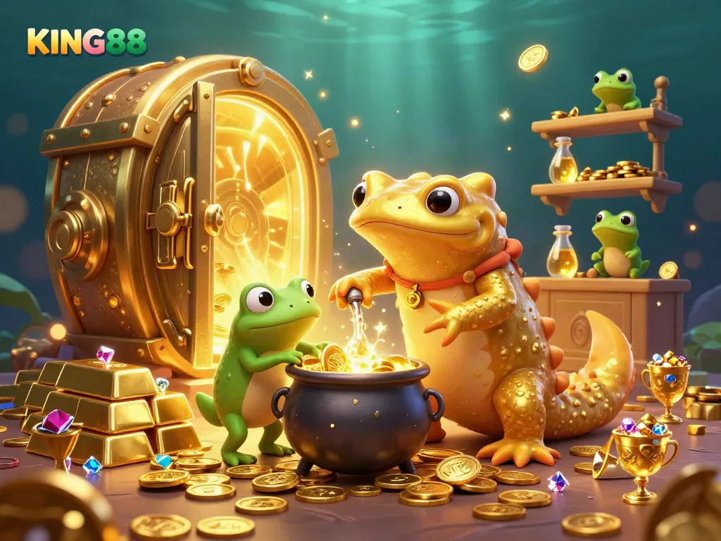 Engage with KING88's magical casino world, featuring an alchemist and sparkling treasures.