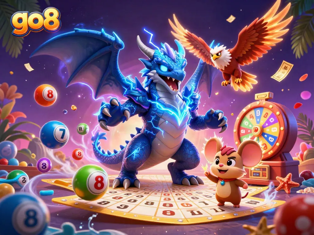 Experience the excitement of go8 casino games with a vibrant illustration featuring dynamic lottery elements.