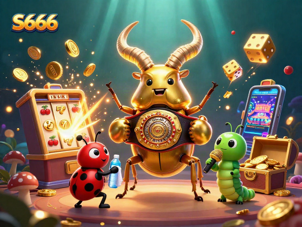 Experience the dynamic energy of S666 casino with a vibrant 3D scene featuring a golden stag beetle in action.