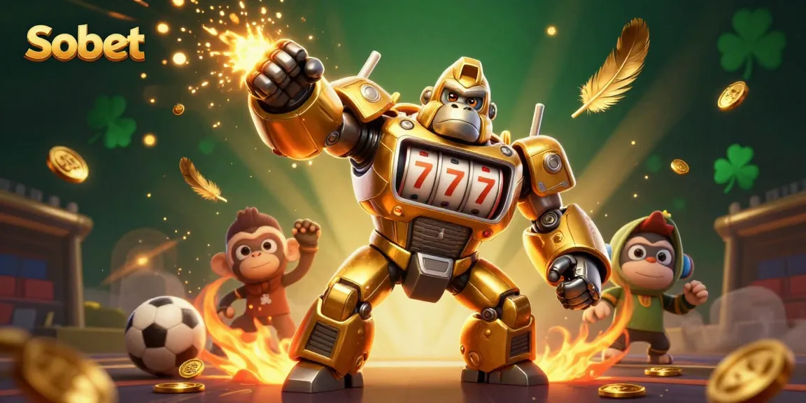Engage with Sbobet's thrilling sports betting experience featuring dynamic gorilla mech and vibrant casino elements.