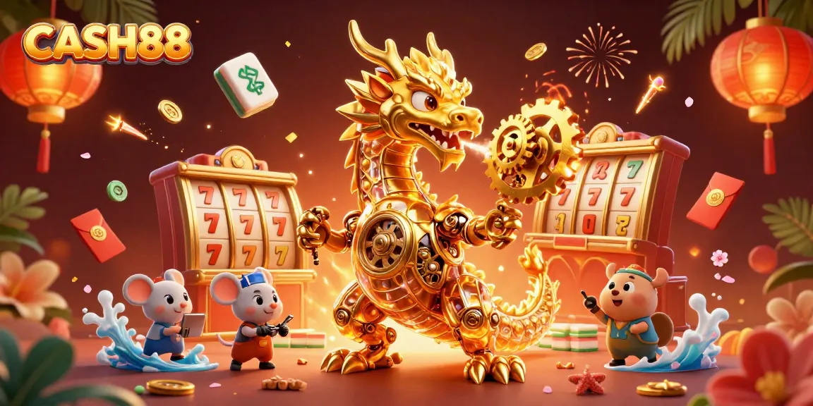 CASH88 spins to win with a golden dragon amid vibrant casino elements in a dynamic illustration.