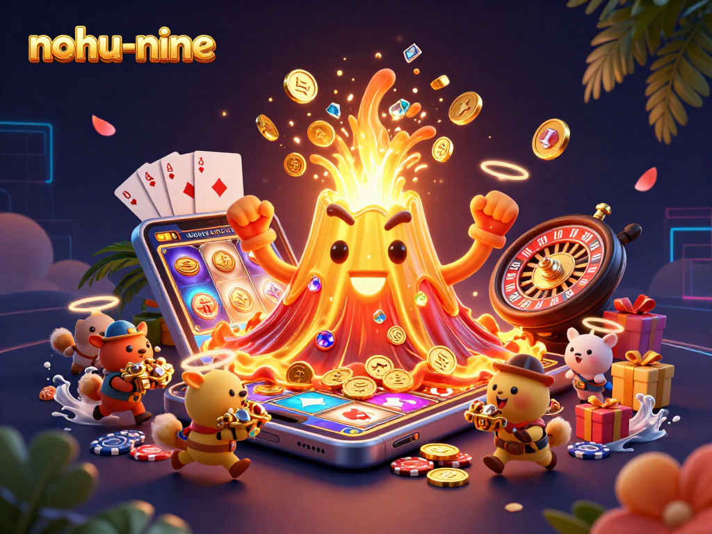 Nohunine game scene with golden volcano erupting coins and gems alongside slot games and lucky cards.