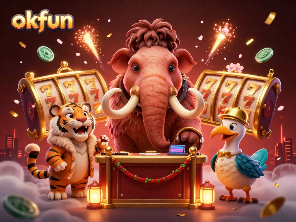 Experience winning with okfun while enjoying a vibrant casino scene with a woolly mammoth bouncer and colorful game elements.