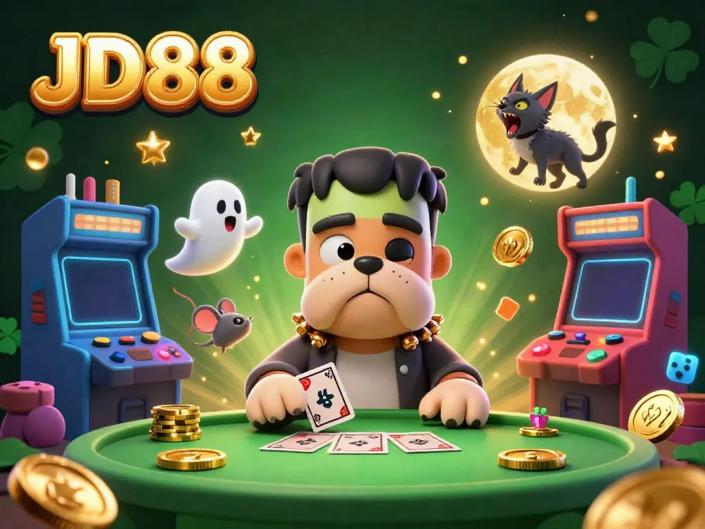 Experience thrilling gaming at JD88 with a vibrant 3D illustration featuring casino elements and characters.