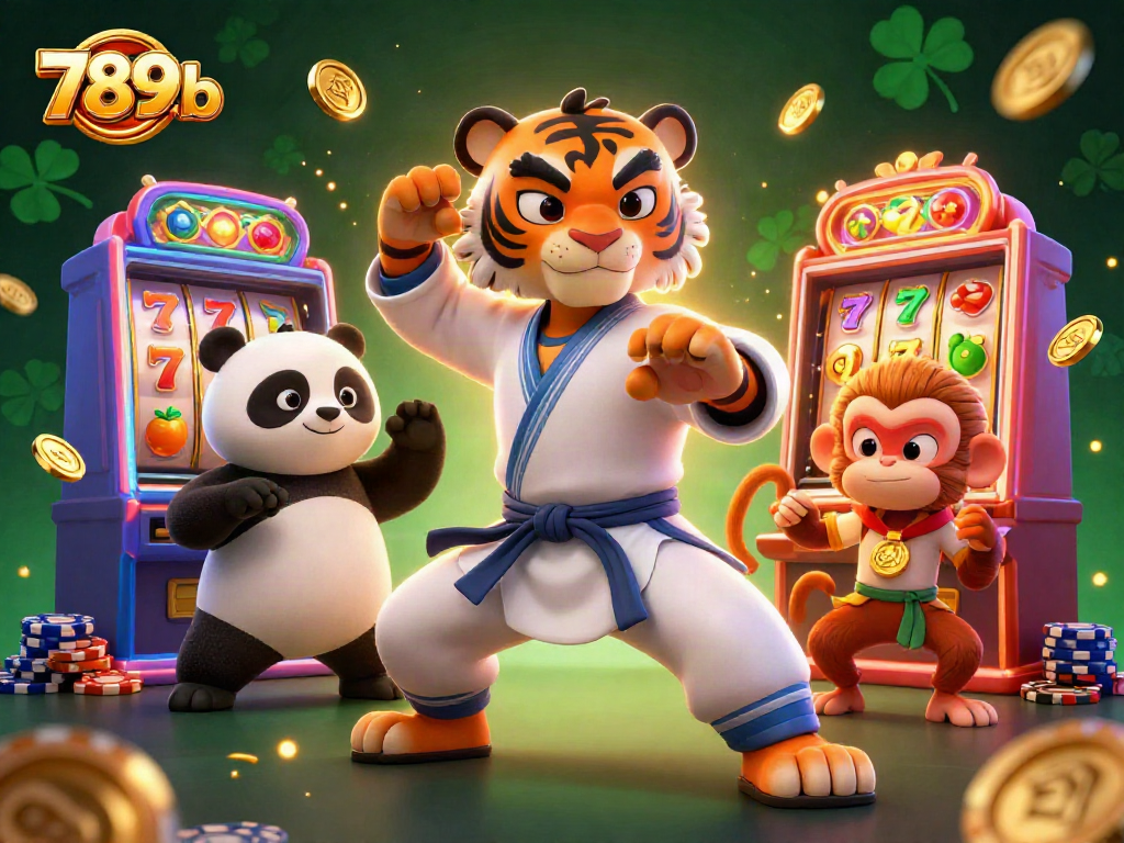 Experience the thrill of 789b with a fun slot machine scene featuring energetic cartoon characters in action.