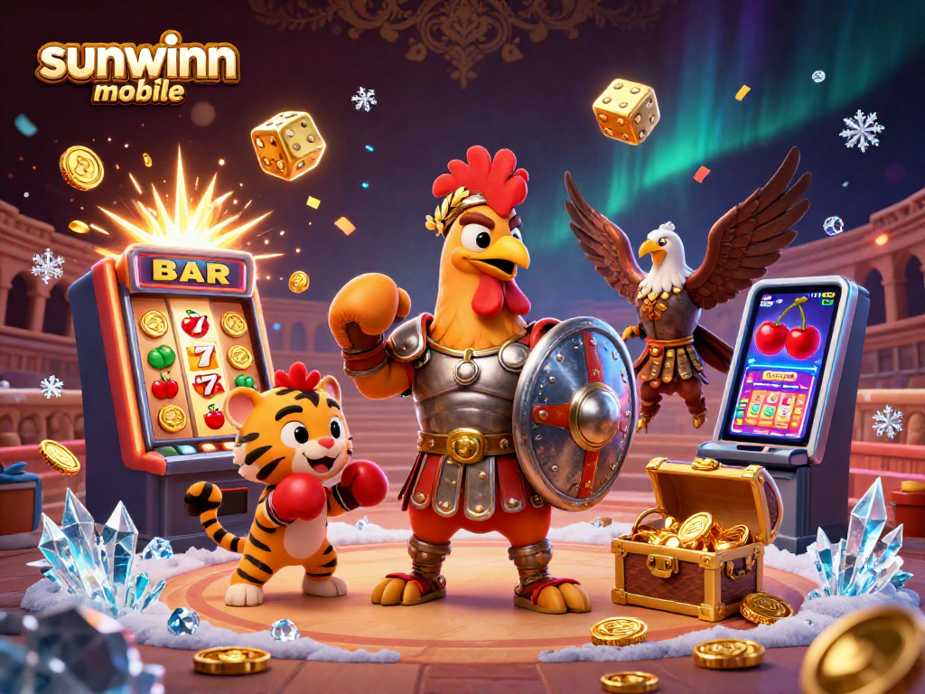 Experience exciting gameplay at sunwinn mobile with a dynamic 3D visual of a rooster gladiator surrounded by casino elements.