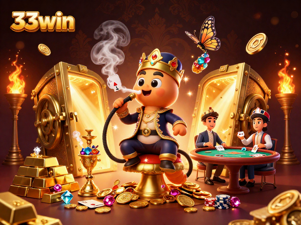 33win showcases a vibrant casino scene with a sultan caterpillar and rich golden elements.