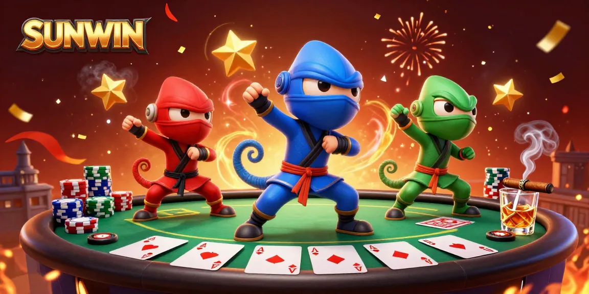 SUNWIN showcases chameleons in martial arts poses amid a dynamic casino scene filled with poker elements.