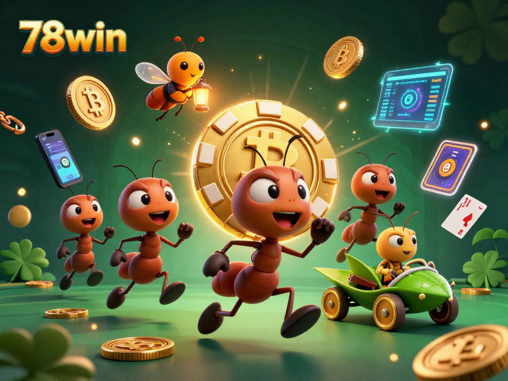 Experience the thrill of 78win as ants steal giant poker chip while surrounded by vibrant crypto elements.