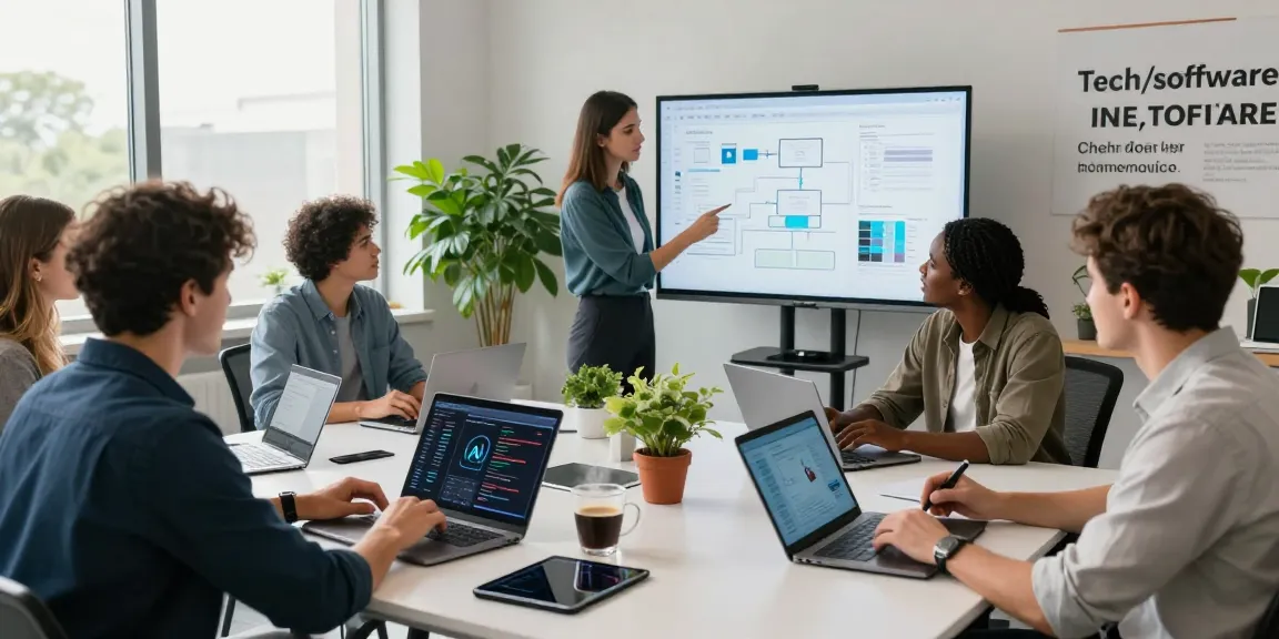 Team collaborating using the best AI tools in a modern tech workspace, showcasing laptops, digital whiteboard, and creative atmosphere.