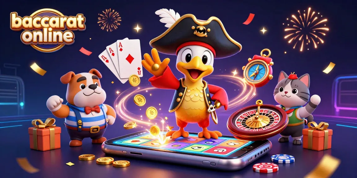 Baccarat online scene with animated pirate captain, bulldog, and navigator amidst vibrant casino games.