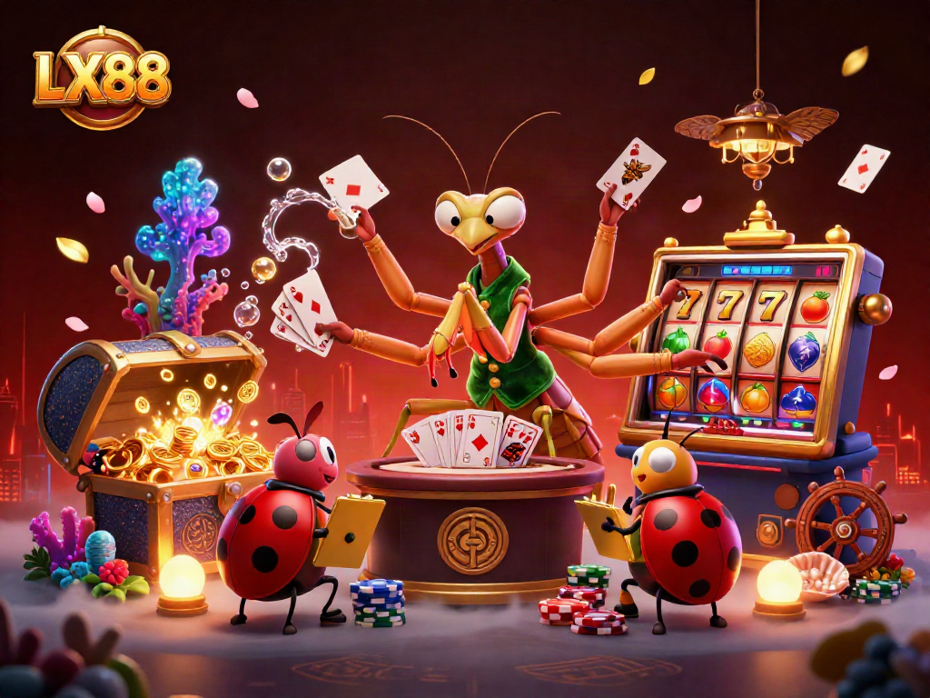 LX88 showcases a vibrant casino scene with a card sharp mantis, a ladybug pit boss, and lively slot elements.