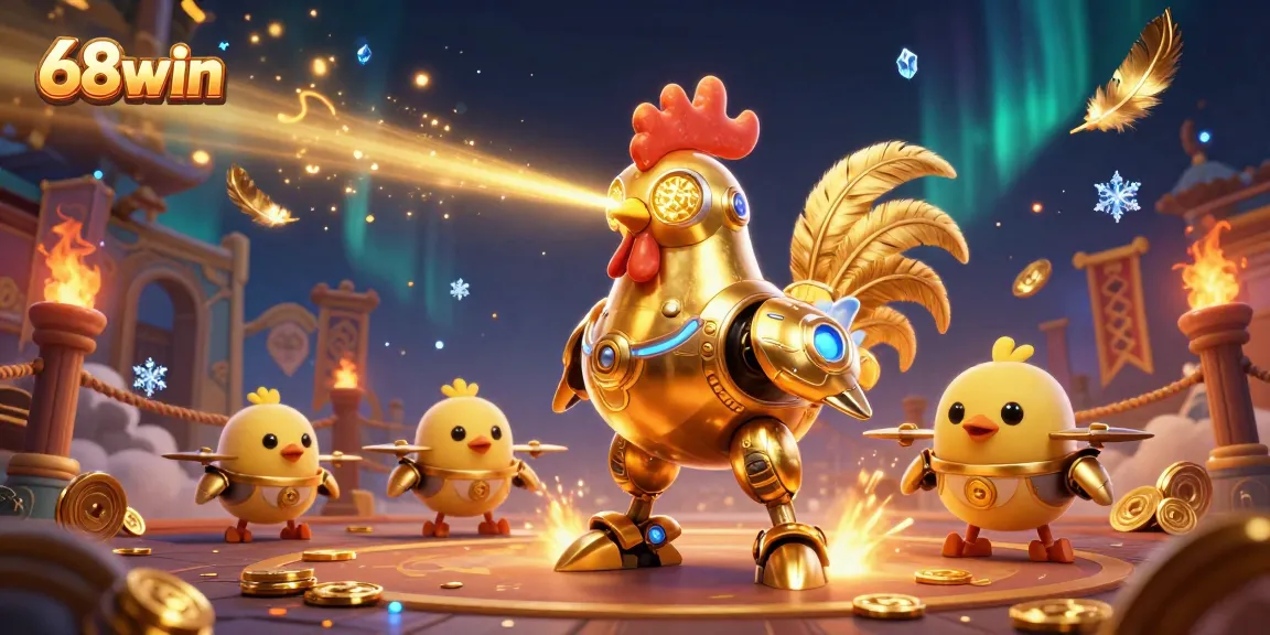 Experience thrilling action with 68win’s golden rooster and chick drones in a vibrant casino setting.