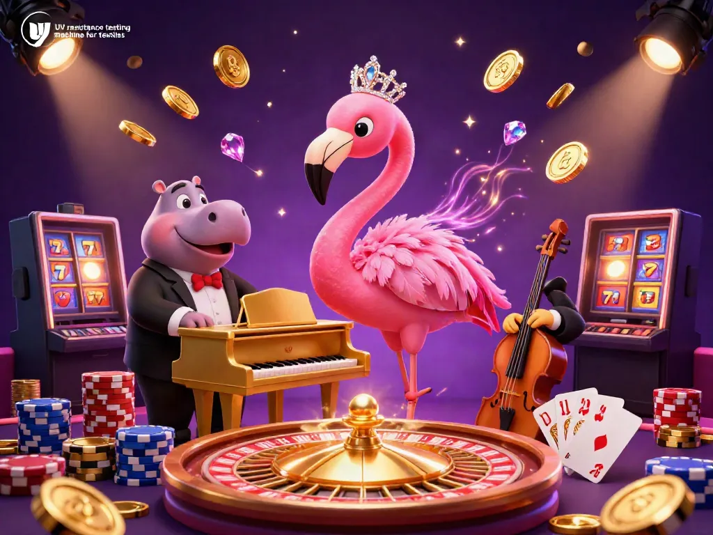 Engaging scene showcasing UV resistance testing machine for textiles surrounded by casino elements, depicting vibrant characters and gaming items.