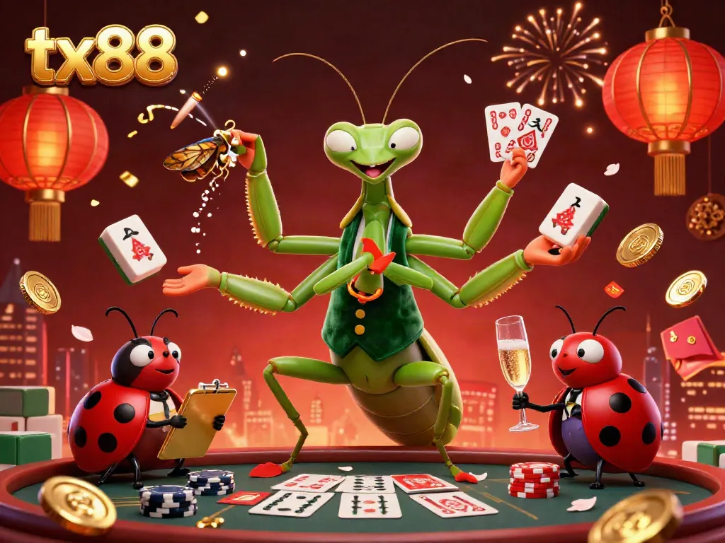 Experience the vibrant world of tx88 with a giant mantis dealer showcasing cards and casino excitement.
