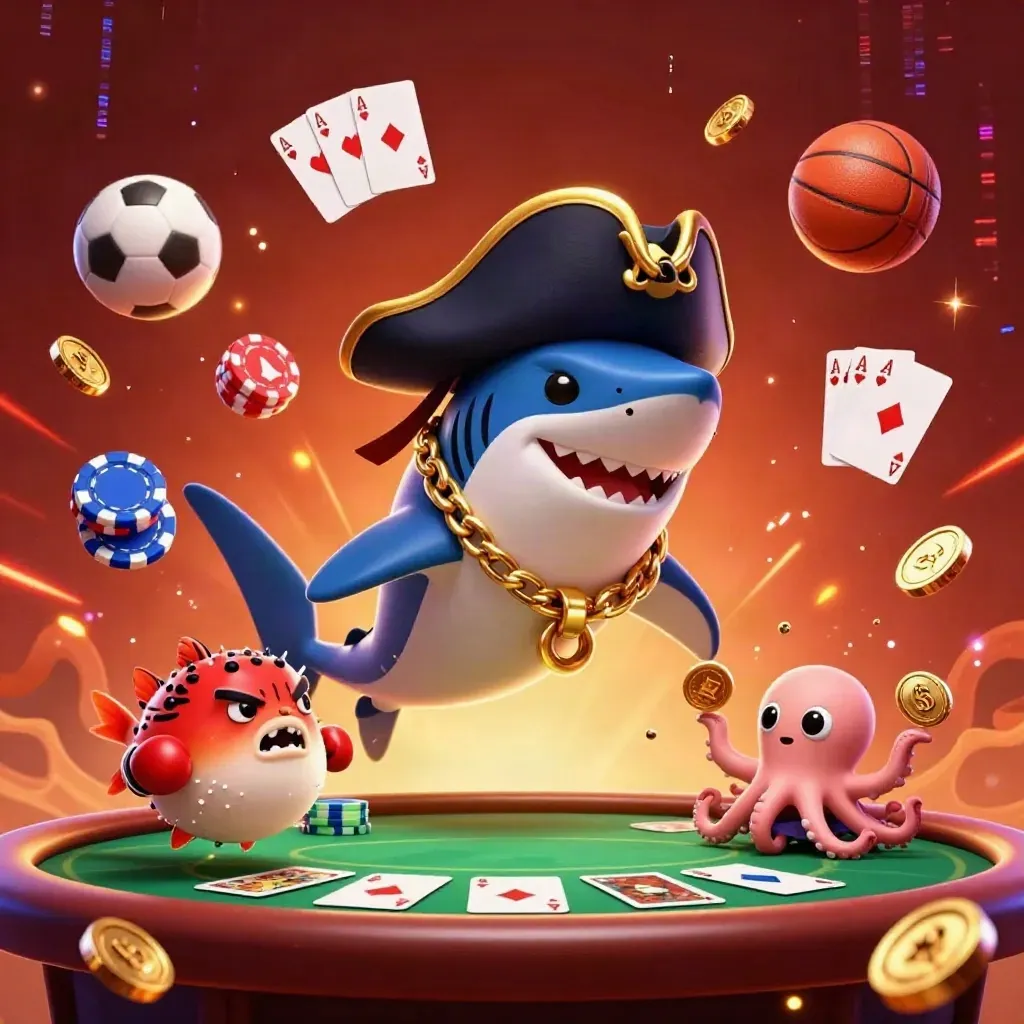Shark pirate, boxing pufferfish, and coin-juggling octopus amid casino chips and sports balls.