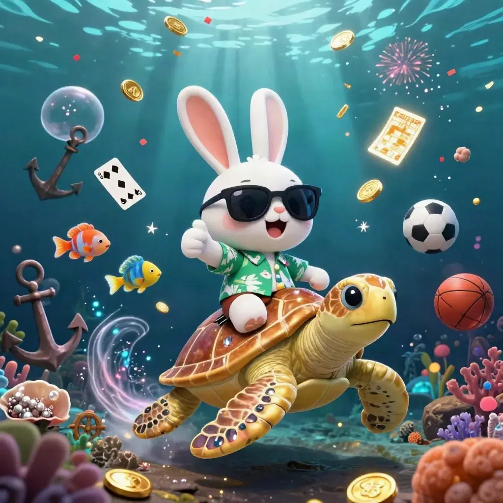 Lucky rabbit rides a jeweled sea turtle through glowing underwater treasure cove coins and cards