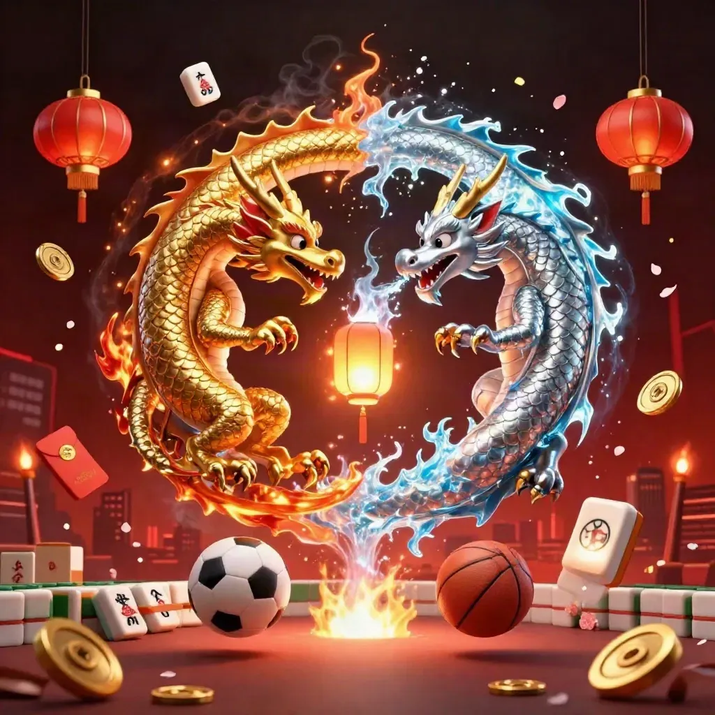Gold and silver dragons spiral in a fiery yin-yang amid casino props and sports balls.