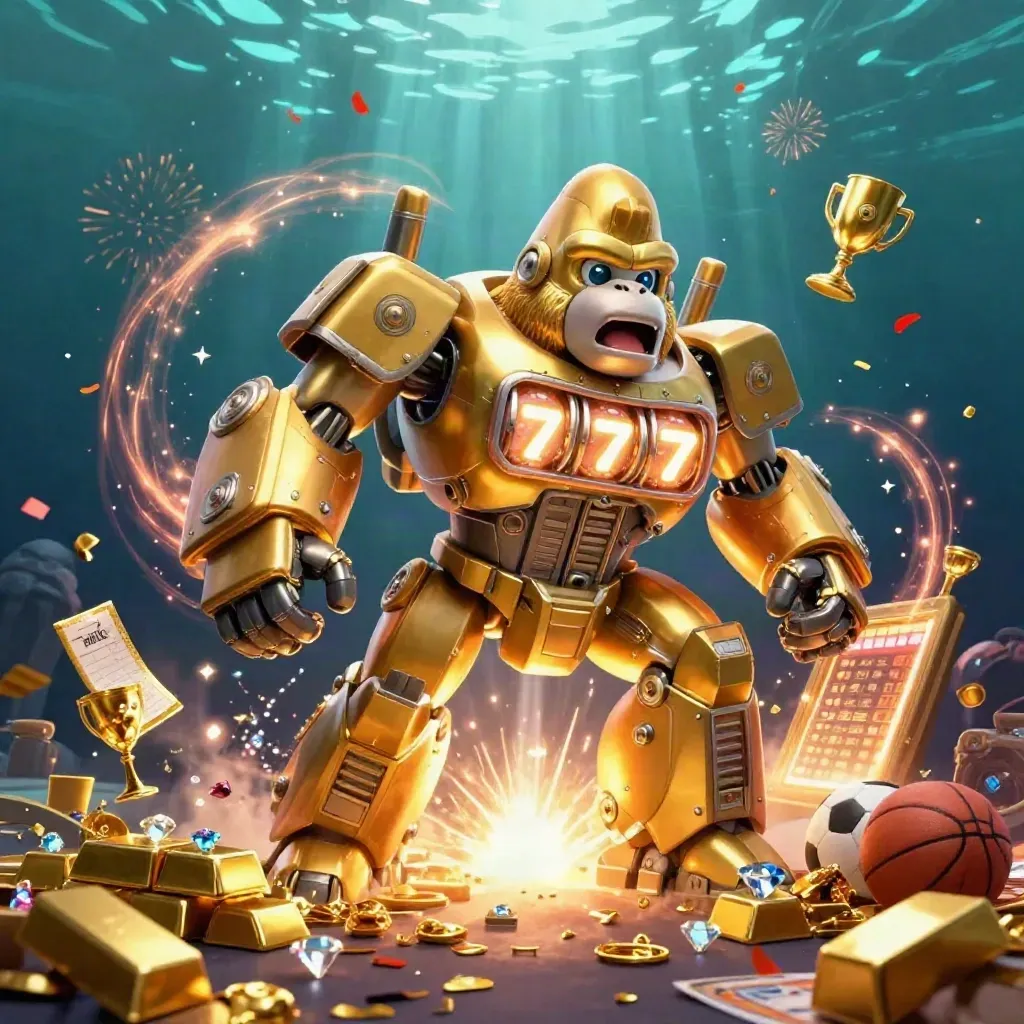 Golden gorilla mech erupts from an underwater vault with gold, gems, confetti, and a tiny monkey pilot.