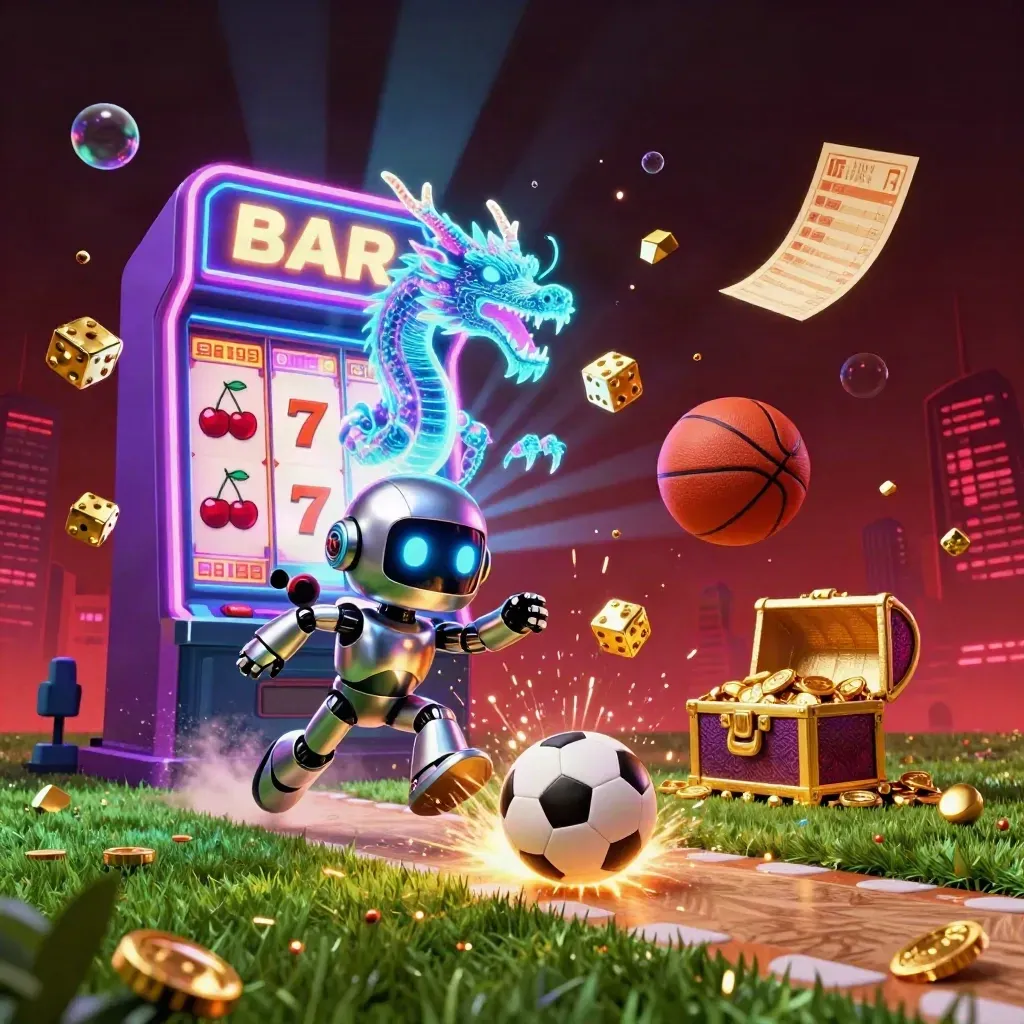 Chrome robot, holographic dragon and coin drone amid exploding casino sports effects