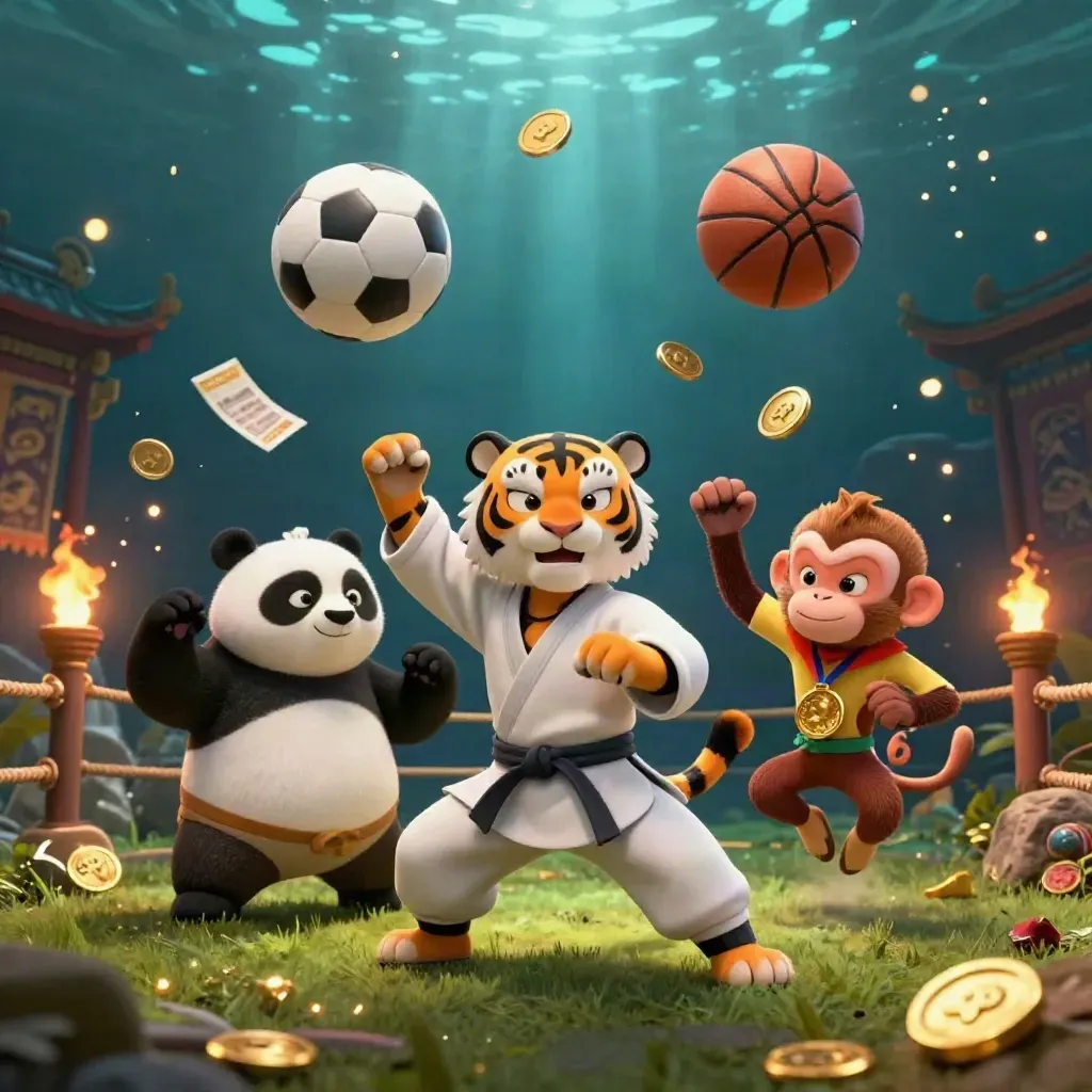 Tiger, panda and monkey clash in a glowing martial-arts casino scene with flying balls.