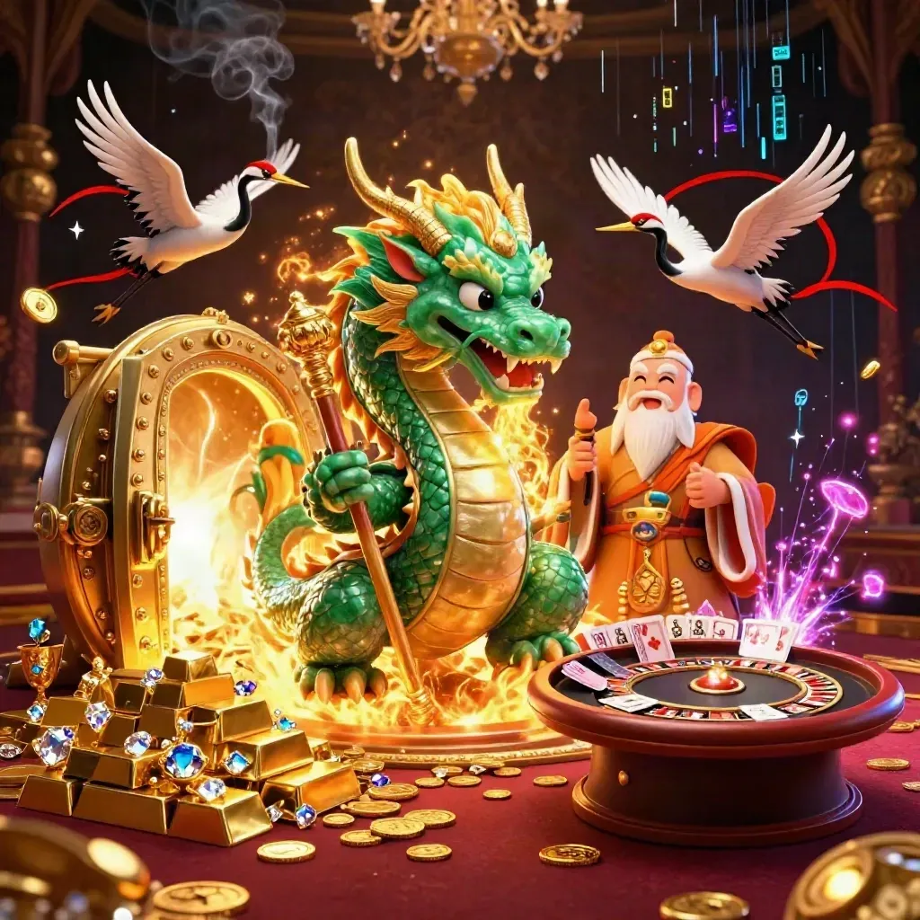 Dragon, turtle sage, and cranes in a luxe casino vault with gold, gems, and spinning roulette.