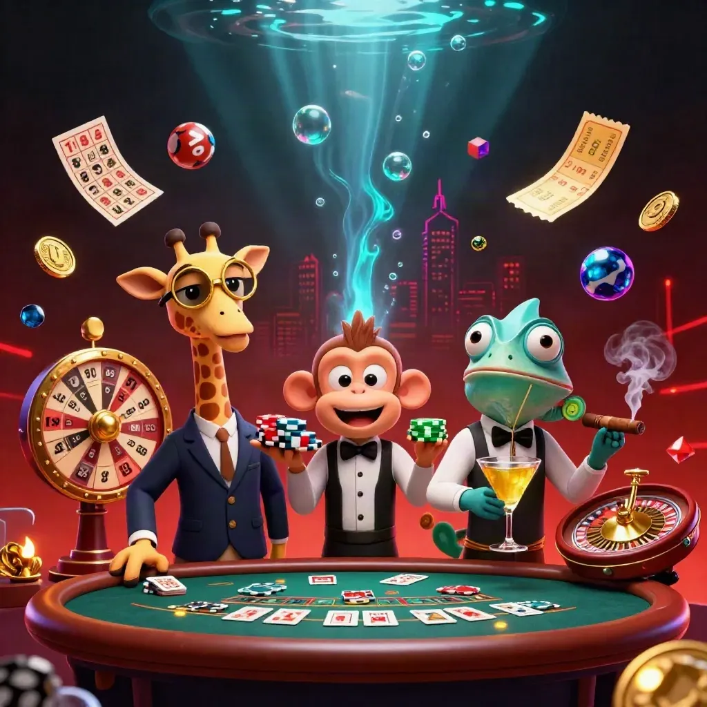 Giraffe, monkey, and chameleon in a glowing casino with lottery balls, prize wheel, and gold cards.