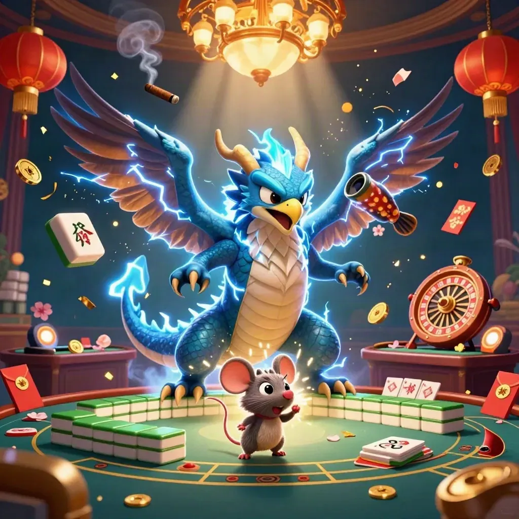 Thunder dragon, wind hawk, and static mouse amid gold casino magic and spinning jade coins.