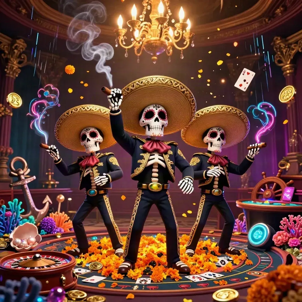 Three skeleton mariachi performers amid casino treasure, coins, coral, cards, and a glowing roulette wheel