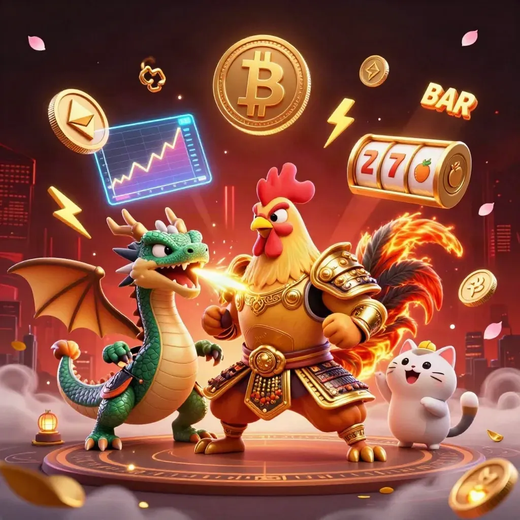 Rooster samurai, dragon hatchling, and fortune cat amid casino magic and glowing coins.