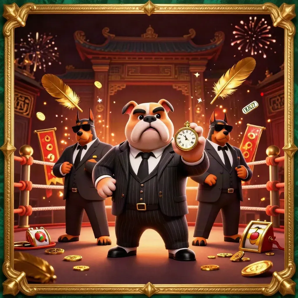 Bulldog boss and Doberman guards burst gold coins, confetti, and casino symbols before a temple gate.