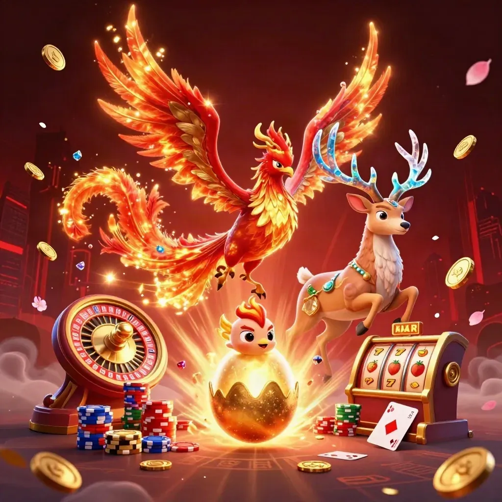 Phoenix, hatching chick, and crystal stag amid casino coins, cards, and glowing gold effects.
