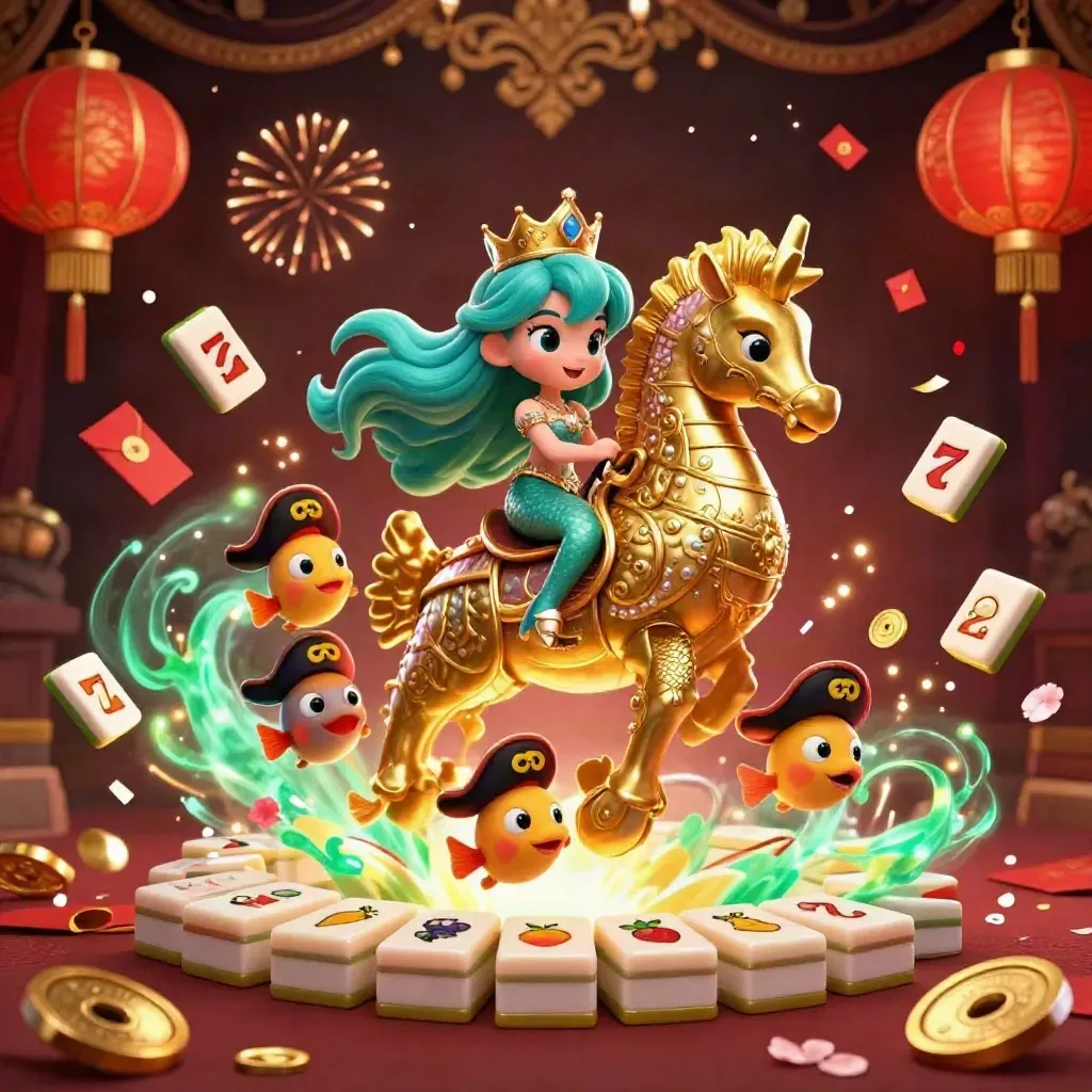 Mermaid princess on armored seahorse amid casino treasure, lanterns, fireworks, and gold confetti.