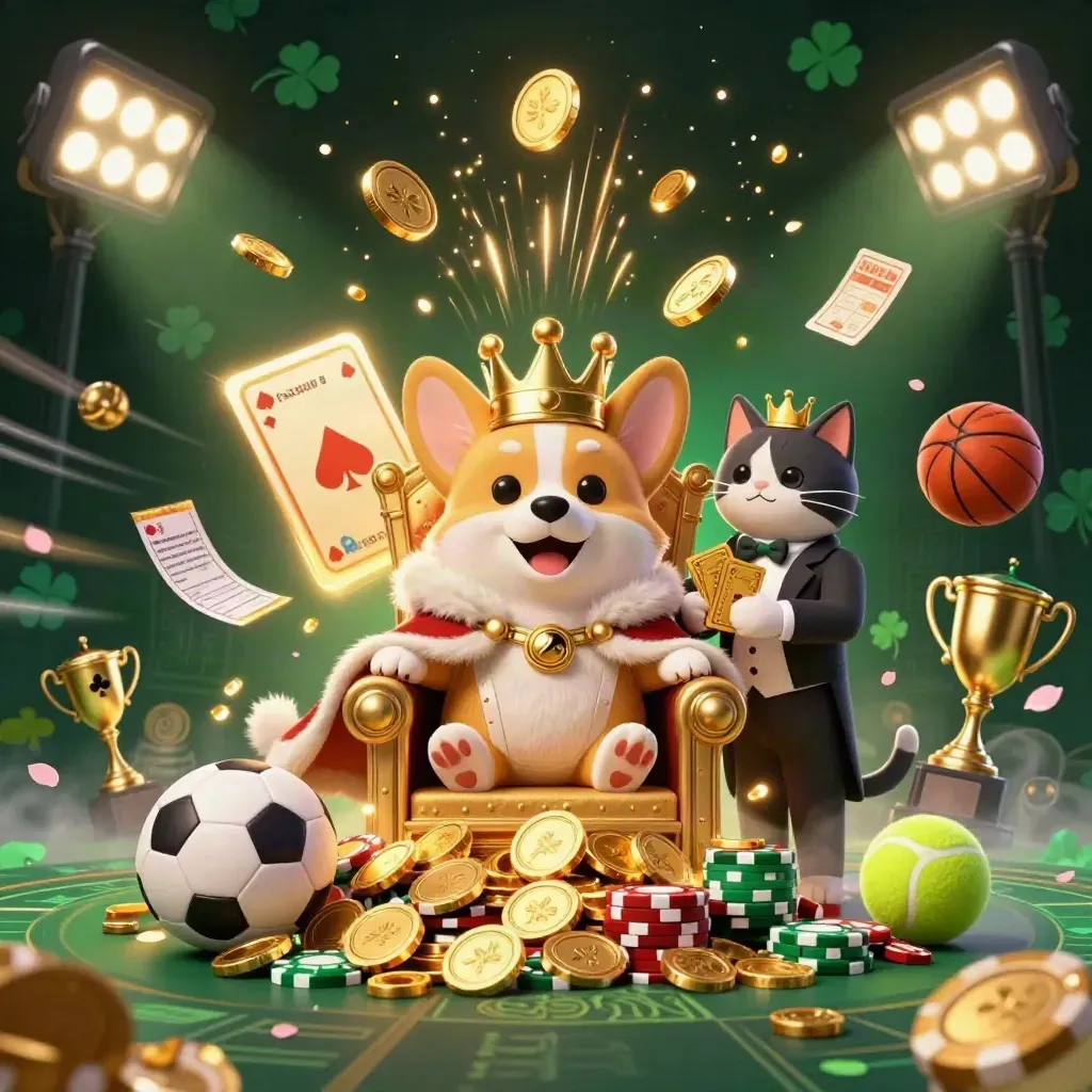 Royal corgi and cat butler amid coins, trophies, sports balls, fireworks, and casino glow.