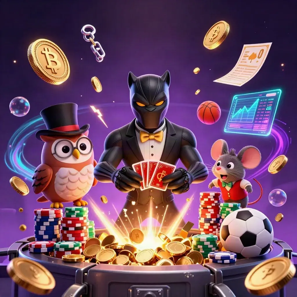 Panther, owl, and mouse amid bursting gold coins, chips, crypto coins, and fireworks.