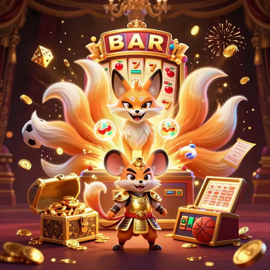 Neon fox and armored mouse amid slot burst, coins, dice, chest, fireworks on dark gold damask