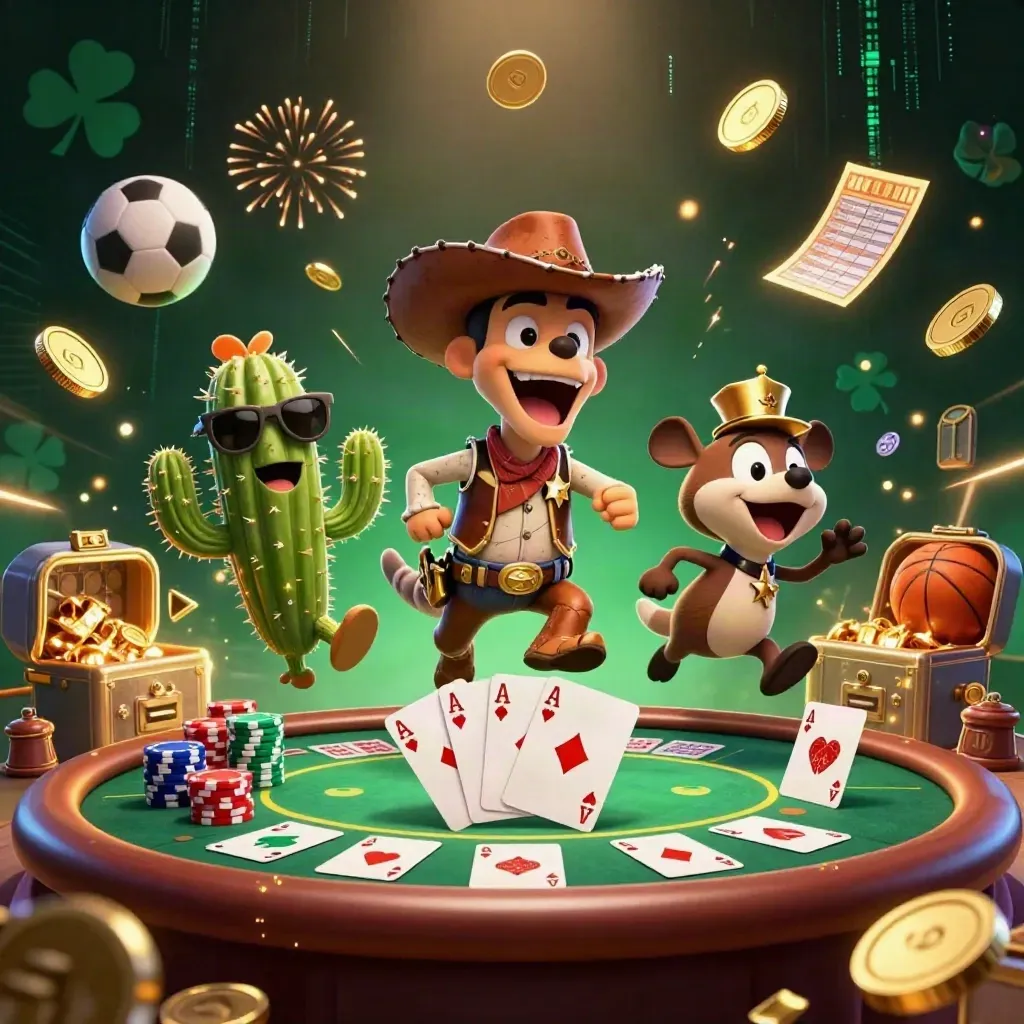 T-Rex cowboy, cactus, and roadrunner amid casino chips, coins, and fireworks